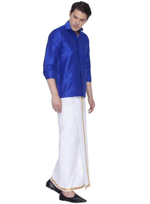 Vastramay Men's Blue Cotton Silk Blend Shirt and Dhoti Set